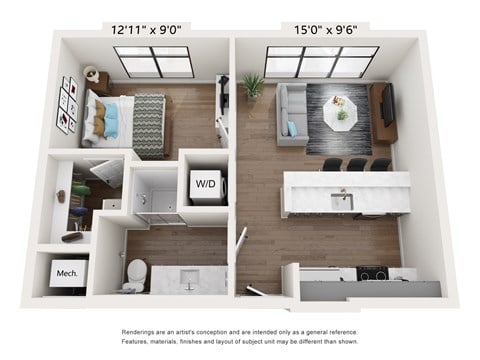 Floor plan for 1 bed, 1 bath, 564 sqft
